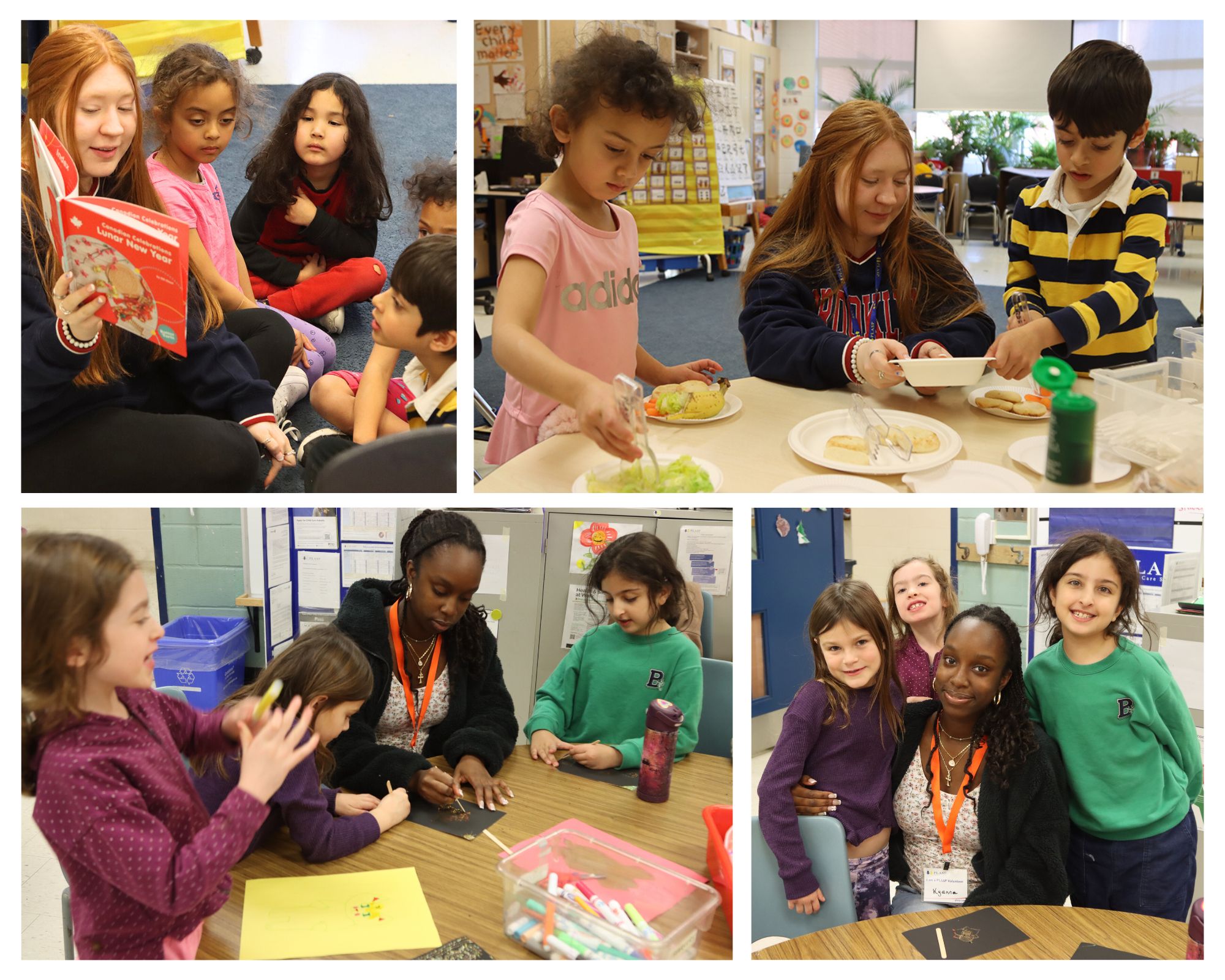 A collage of volunteers working with children in PLASP programs.